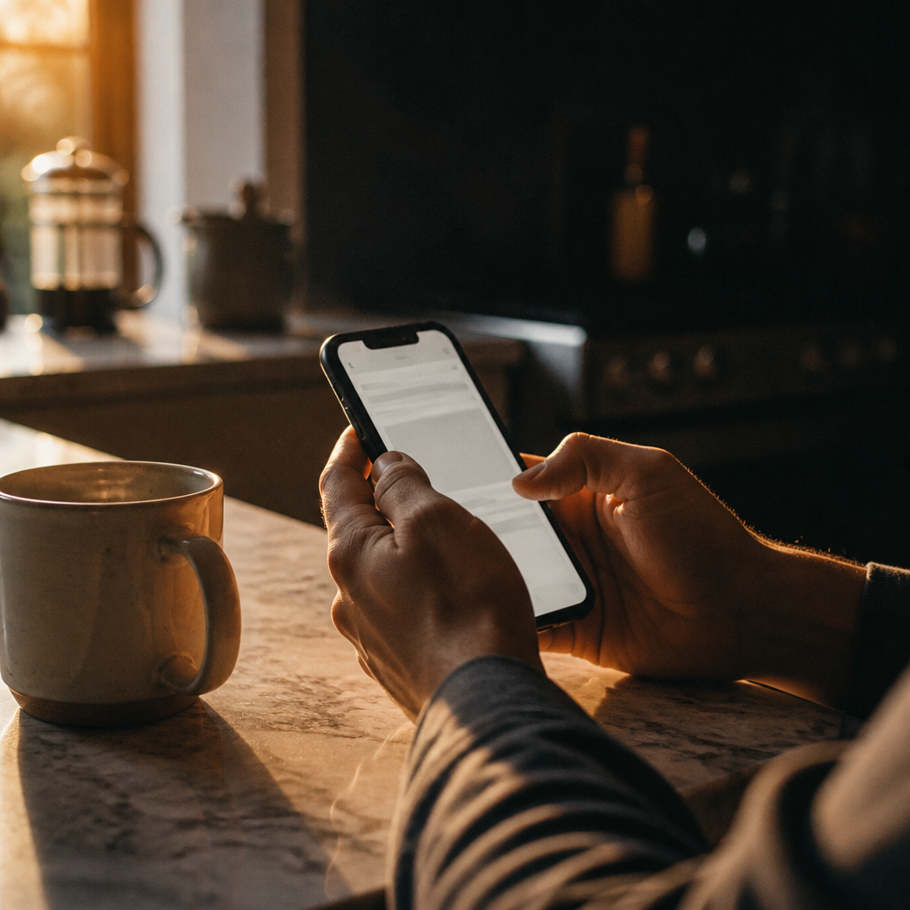 Shows the one short email a day reality — phone in a real-life moment